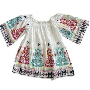 FERATELLI Womens Sz Small White Embroidered Boho Blouse Peasant Off Shoulder Top
